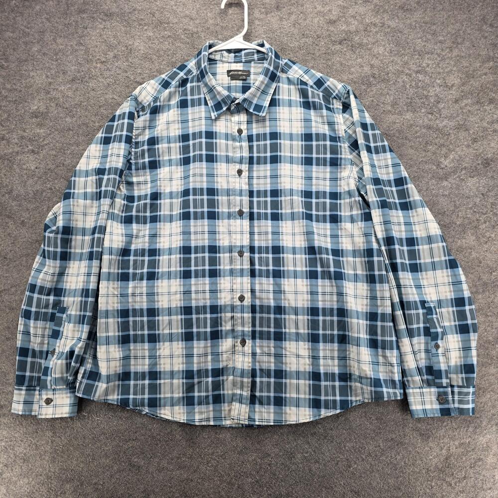 Eddie Bauer Shirt Mens XL Blue Gray Plaid Long Sleeve Button Up Stretch Outdoor